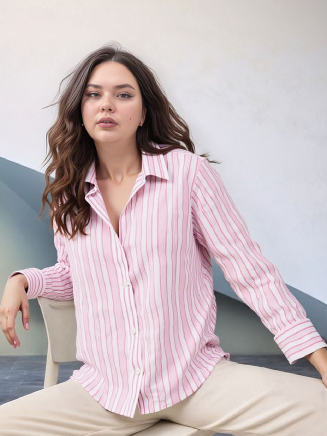 Women's Pink Spread Collar Striped Casual Shirt