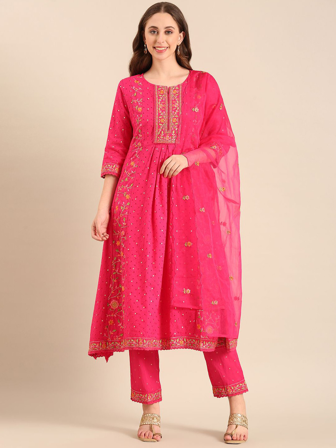 Women Floral embroidered orange v_neck Pure Cotton Kurta Set With Trouser
