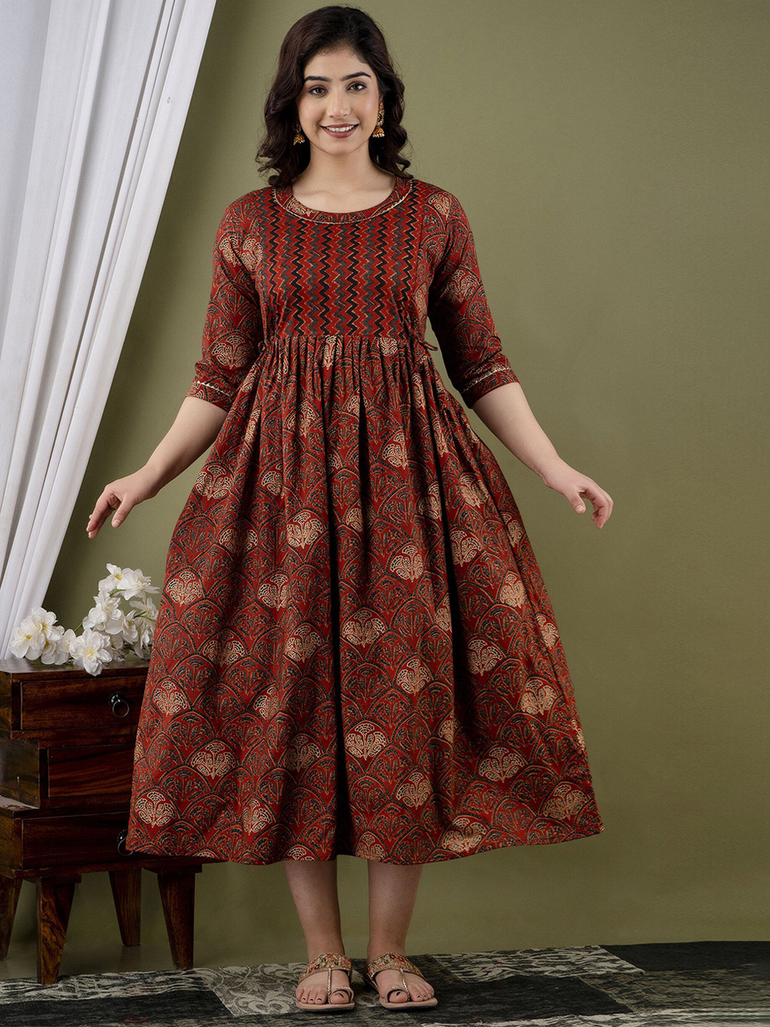 Women Rust And Blue Floral Ethnic A-line Pure Cotton Midi Ethnic Dress main image 1