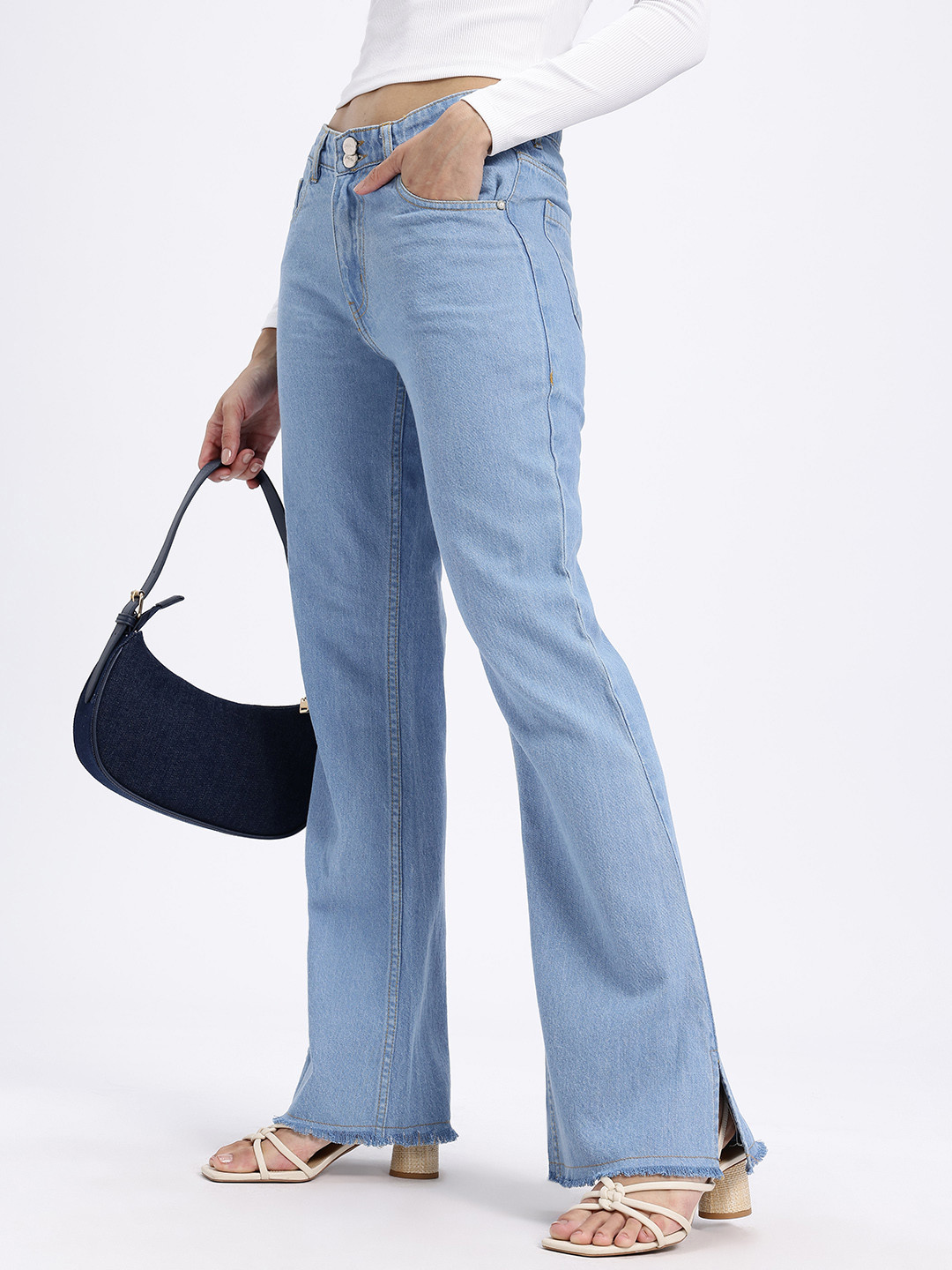 Women Grey Side Chain Slit Jeans