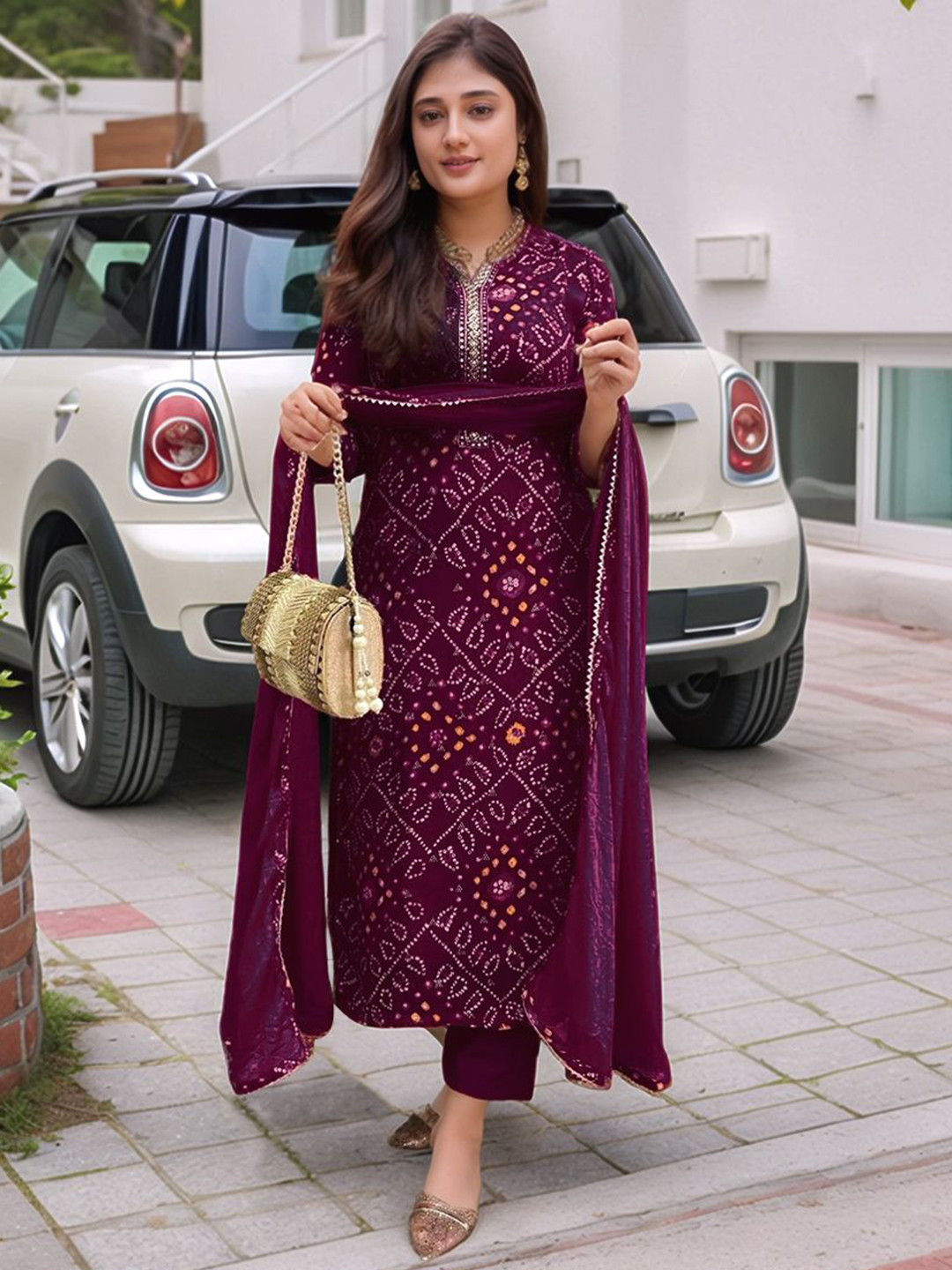 women bandhani printed pure cotton anarkali kurta with trousers & with dupatta main image 1