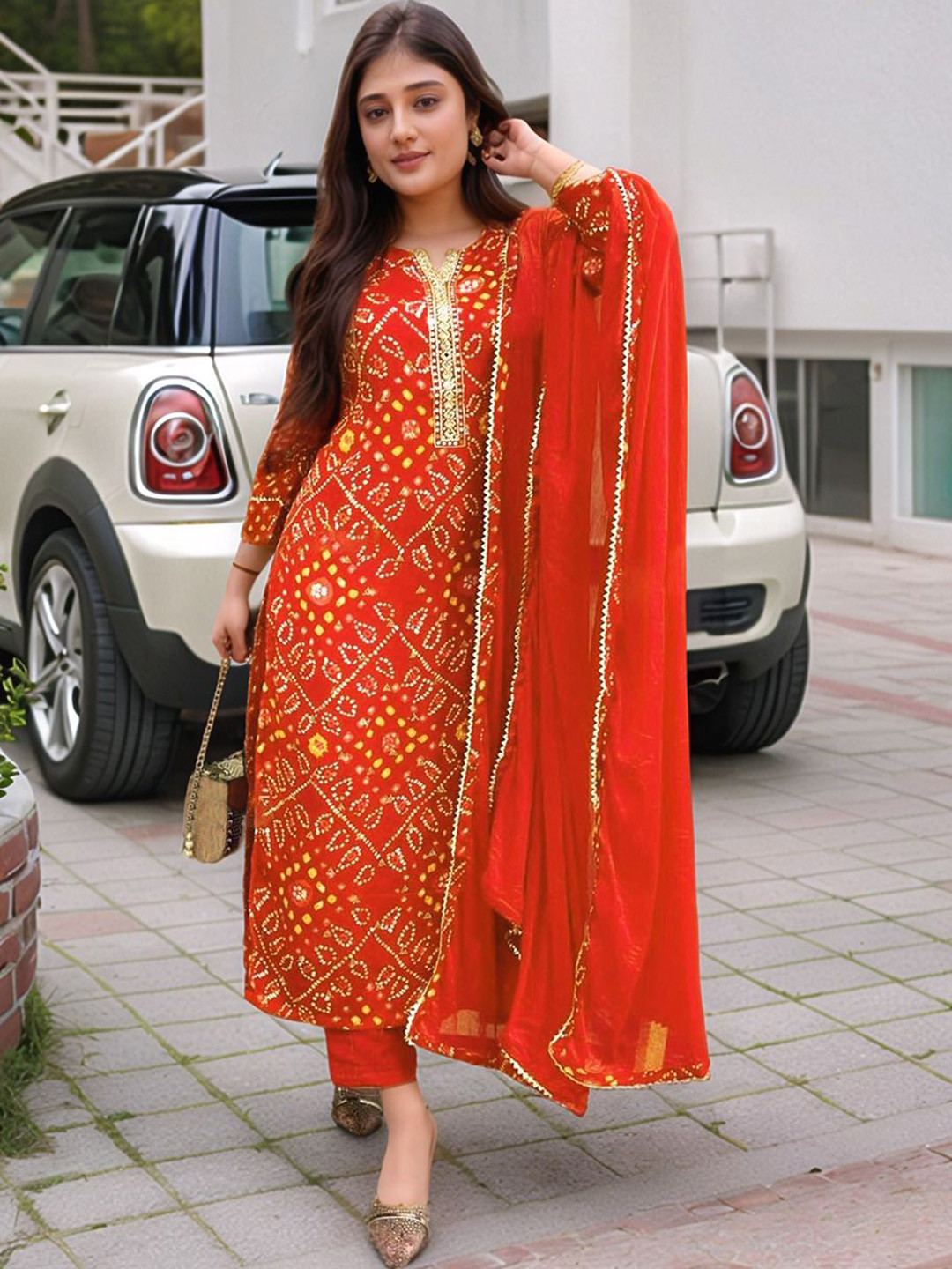 women bandhani printed pure cotton anarkali kurta with trousers & with dupatta