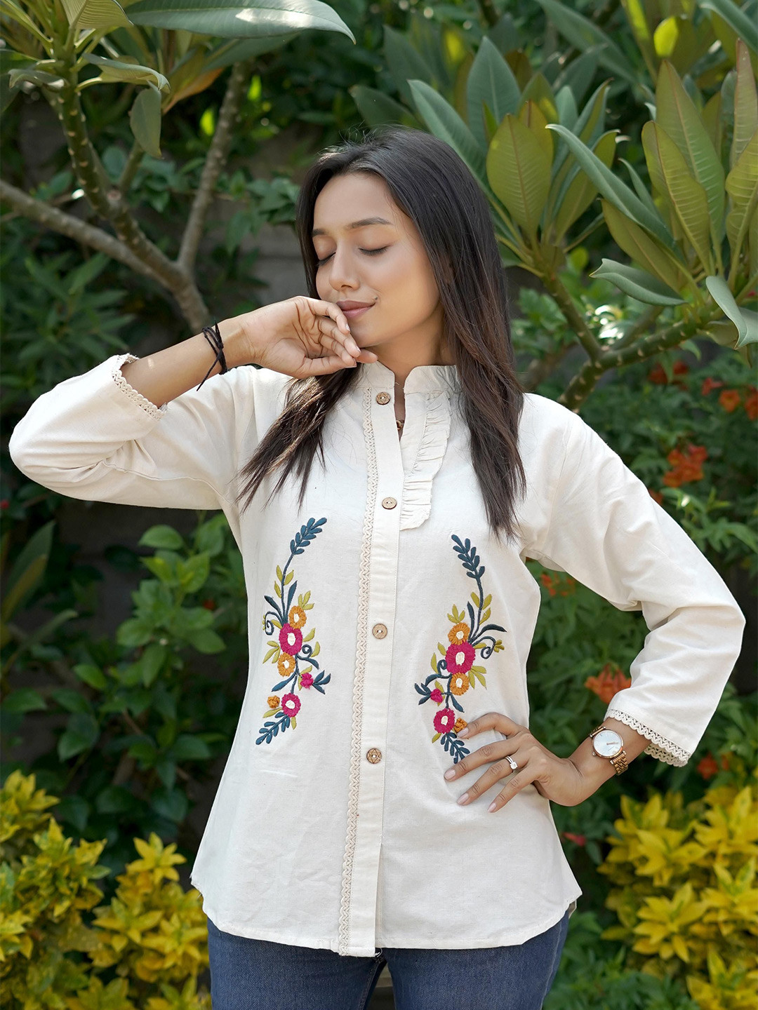 Women's Lavender Floral Print Mandarin Collar Crepe Shirt Style Top
