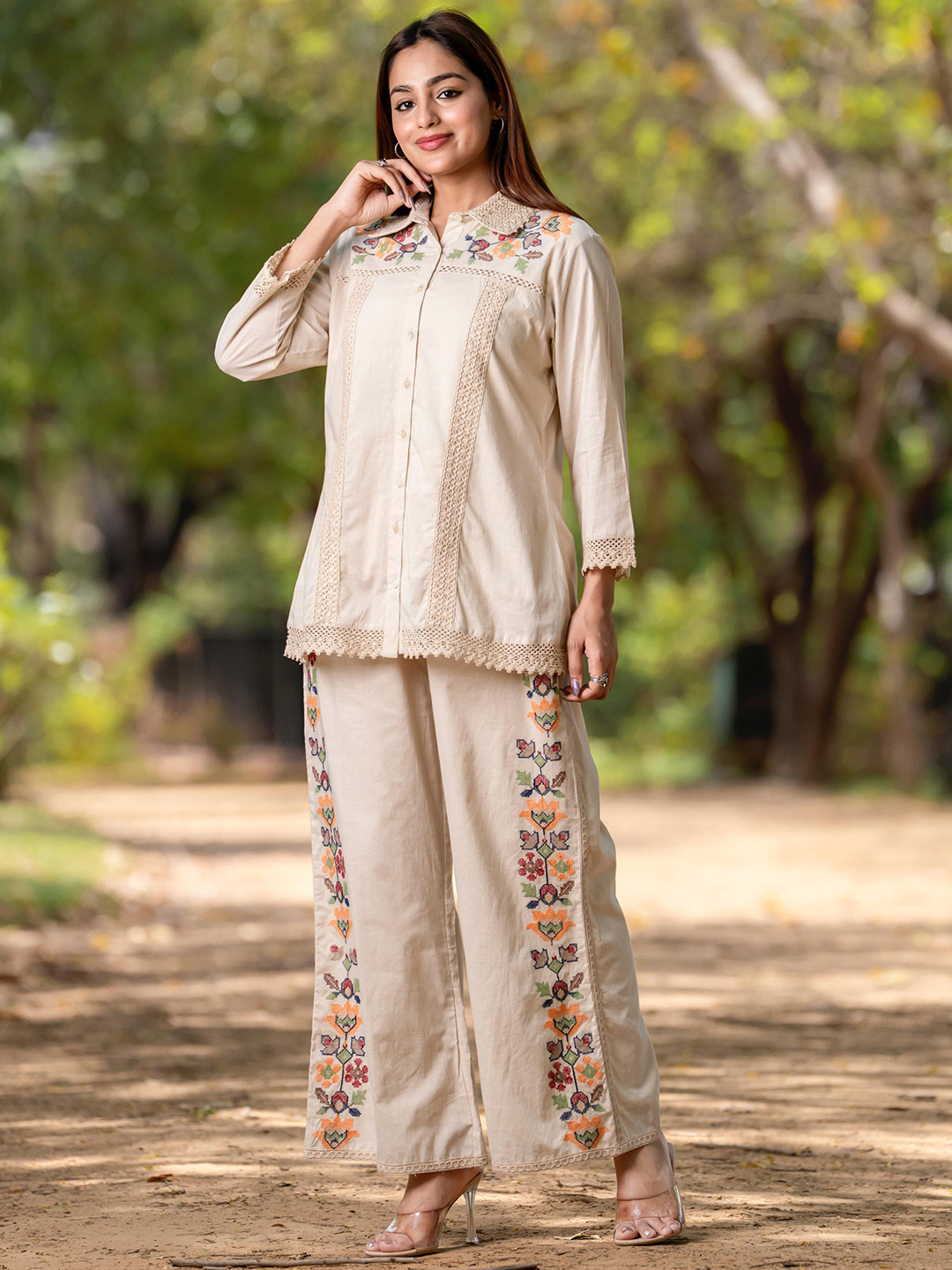 Zummer Cotton Floral Embroidered Shirt & Trouser Co-Ord Set main image 1