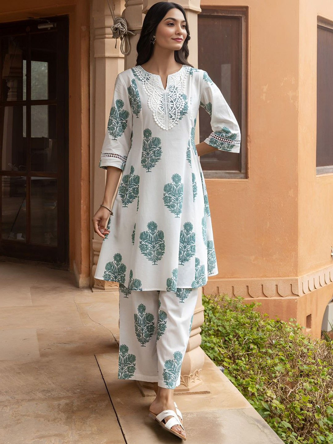 LookMark Damen Kurta Set – Baumwollmix Mit Spitze, Ethnisches Outfit Für Fest & Büro, Größen S-XXL