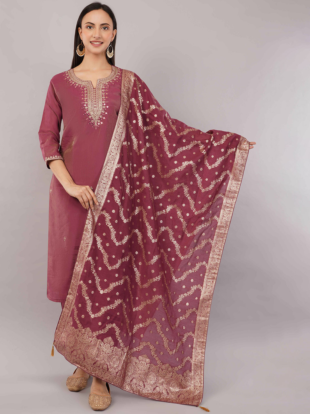 Cotton Ikat Inspired Kurta Set with Zari embroidered neckline and Bandhej Dupatta main image 1