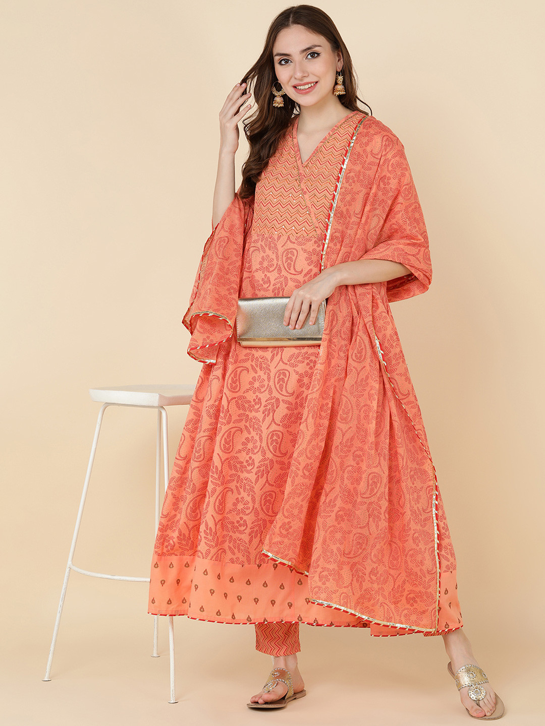 Orange Abstract Printed Tiered Spaghetti Kurta and Leggings Set with Dupatta