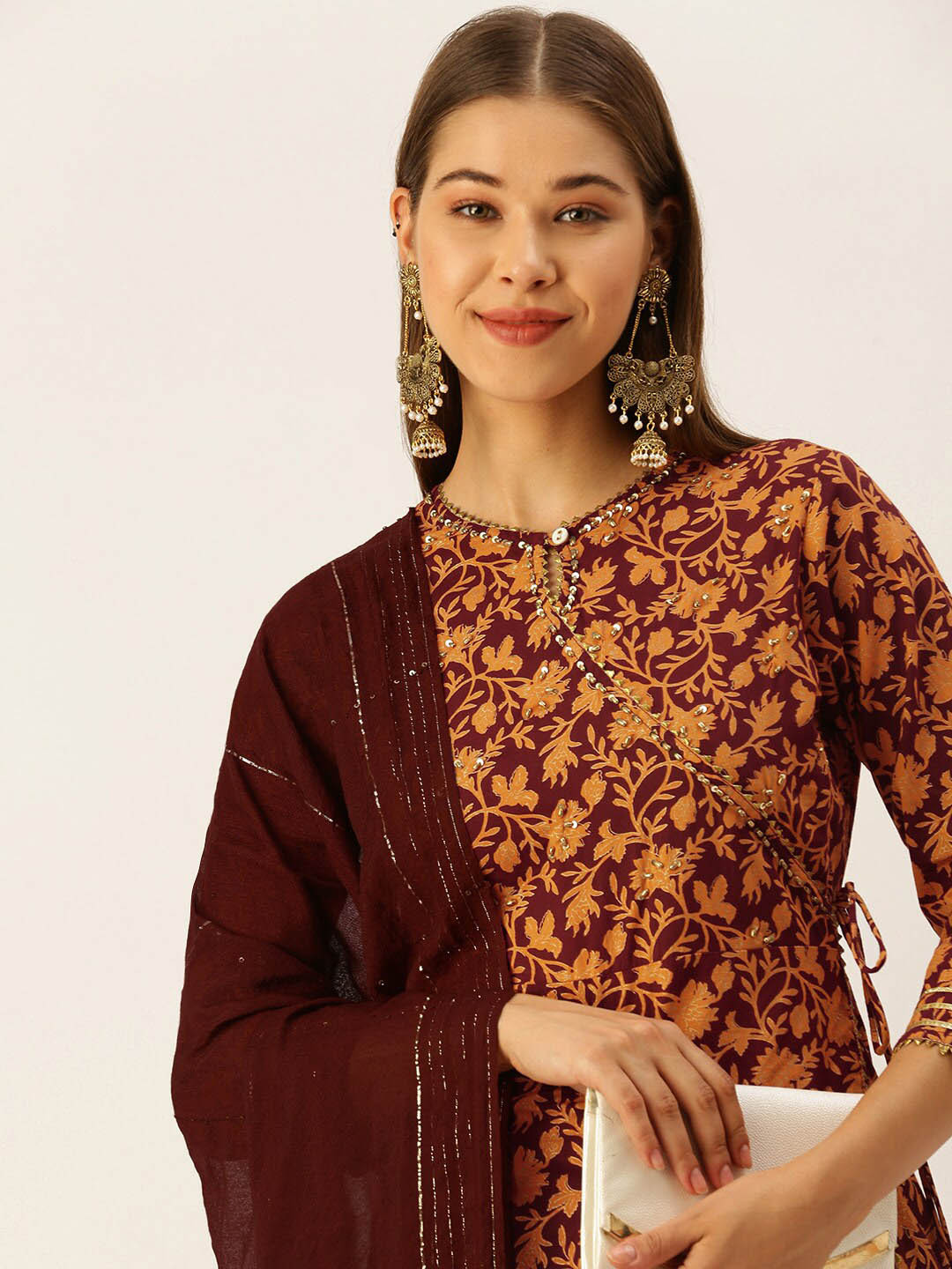 Women Brown Printed Flared Kurta With Trouser With Dupatta