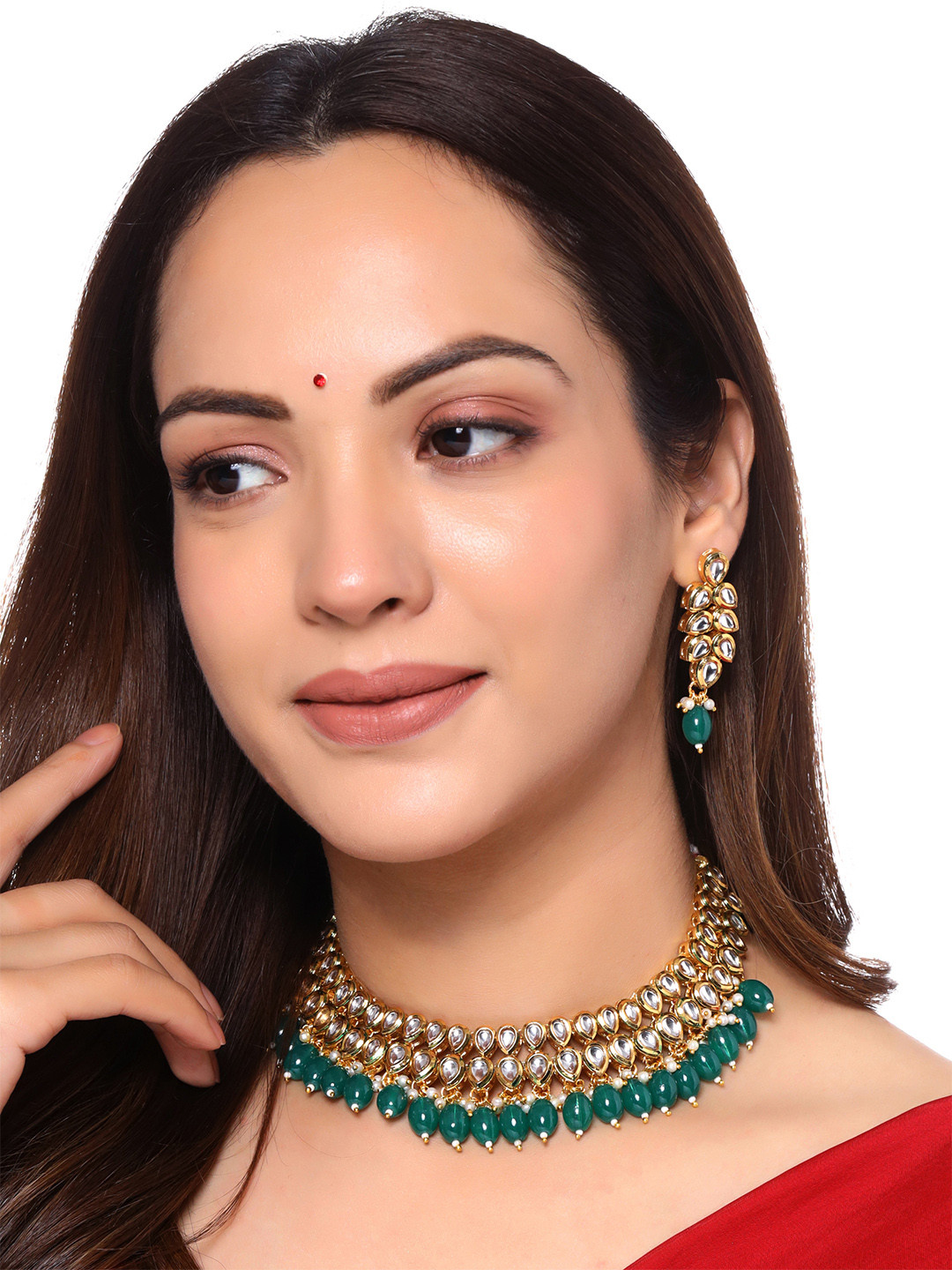 Buy Yellow Chimes Green Gold Plated Kundan Studded Beaded Choker