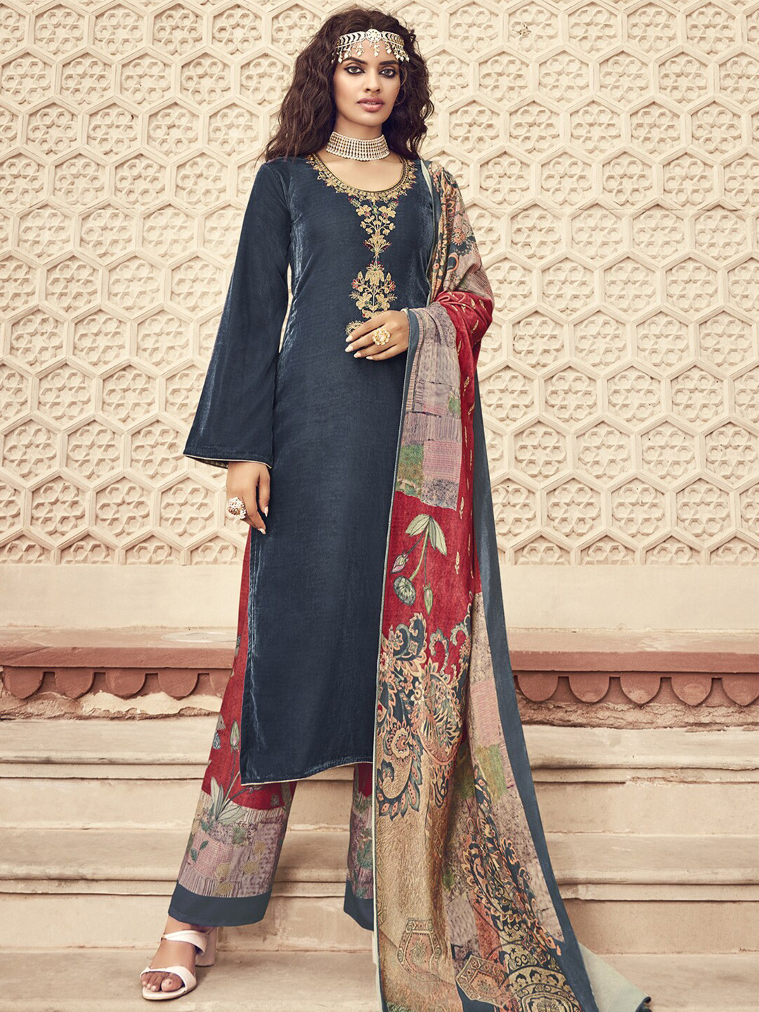 Buy Stylee LIFESTYLE Blue & Red Embroidered Velvet Unstitched Dress