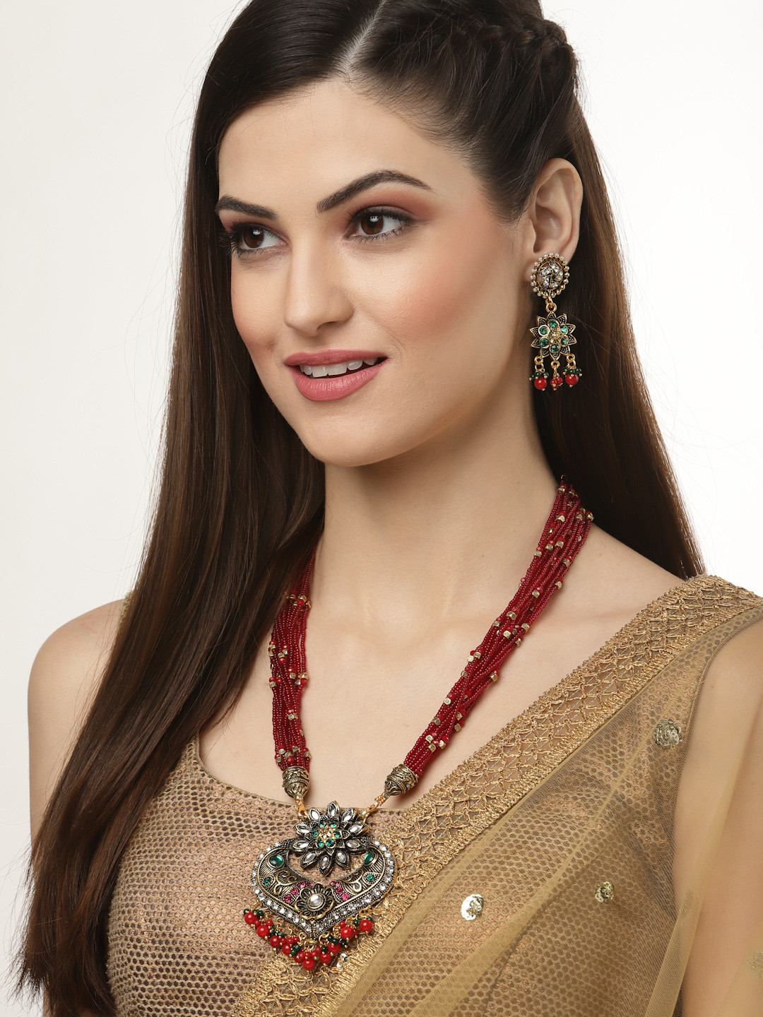 Buy Arrabi Gold Toned Red & Green Artificial Stones And Beads Jewellery