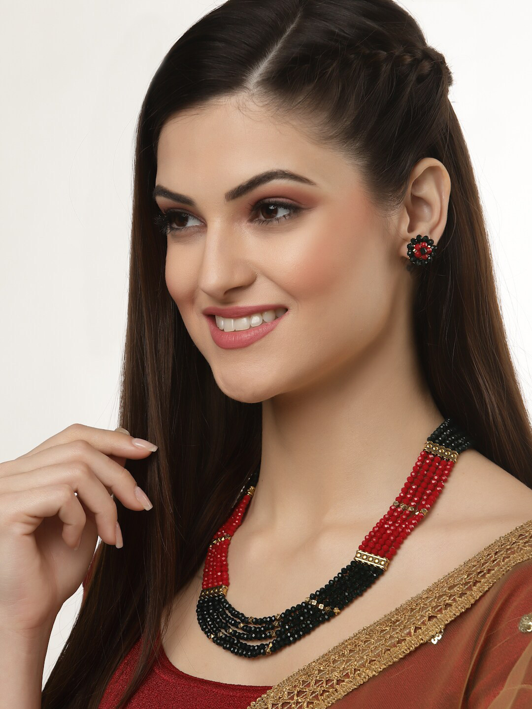 Buy Arrabi Green & Red Artificial Stones & Beads Studded Jewellery Set