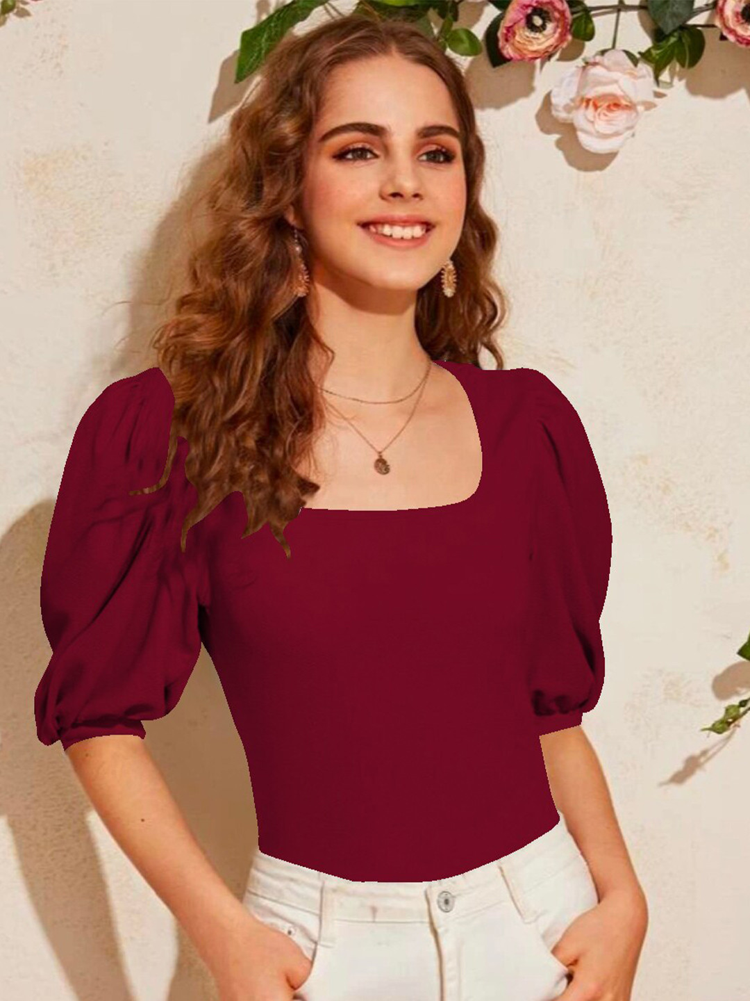 Buy Dream Beauty Fashion Women Maroon Solid Puff Sleeves Top Tops for