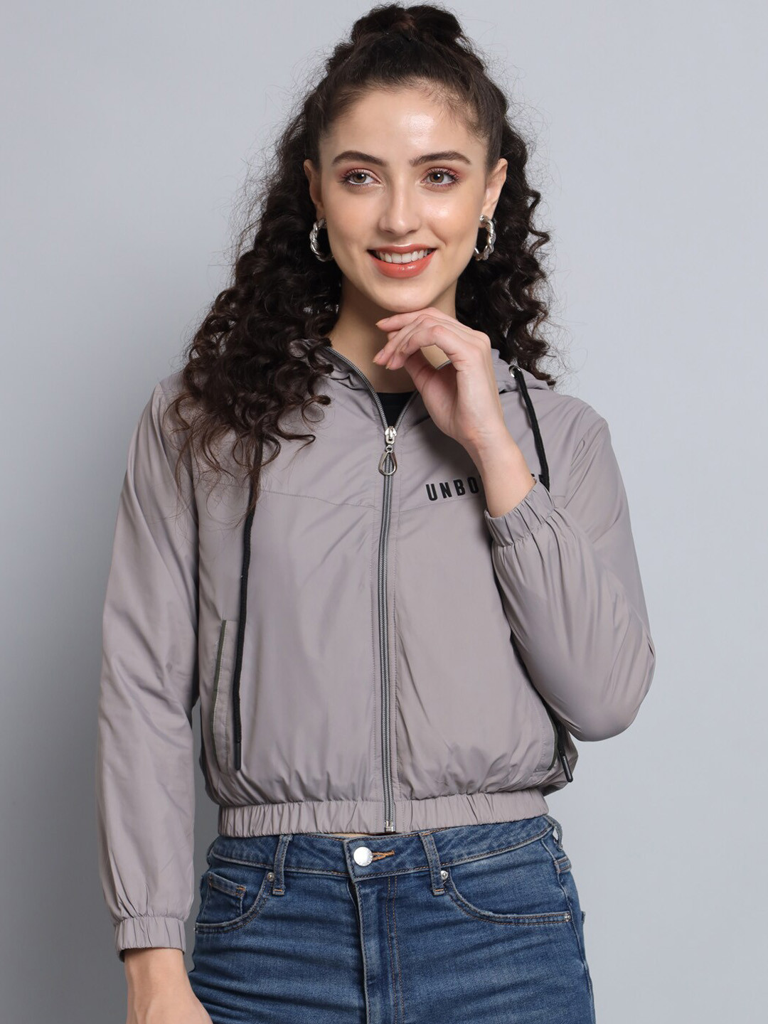 Buy BROOWL Women Grey Windcheater Crop Rapid Dry Bomber Jacket