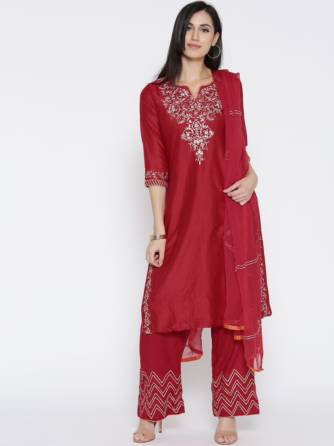 Buy Biba Women Red Embroidered Kurta With Palazzos & Dupatta Kurta
