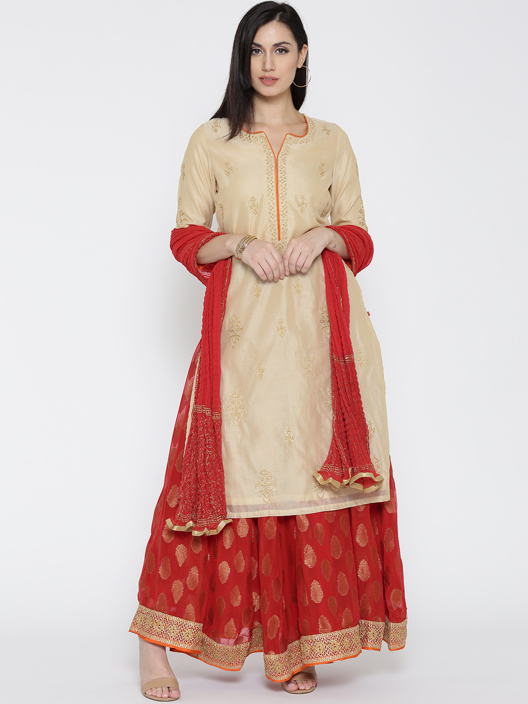Buy Biba Women Beige & Red Embroidered Kurta With Skirt & Dupatta