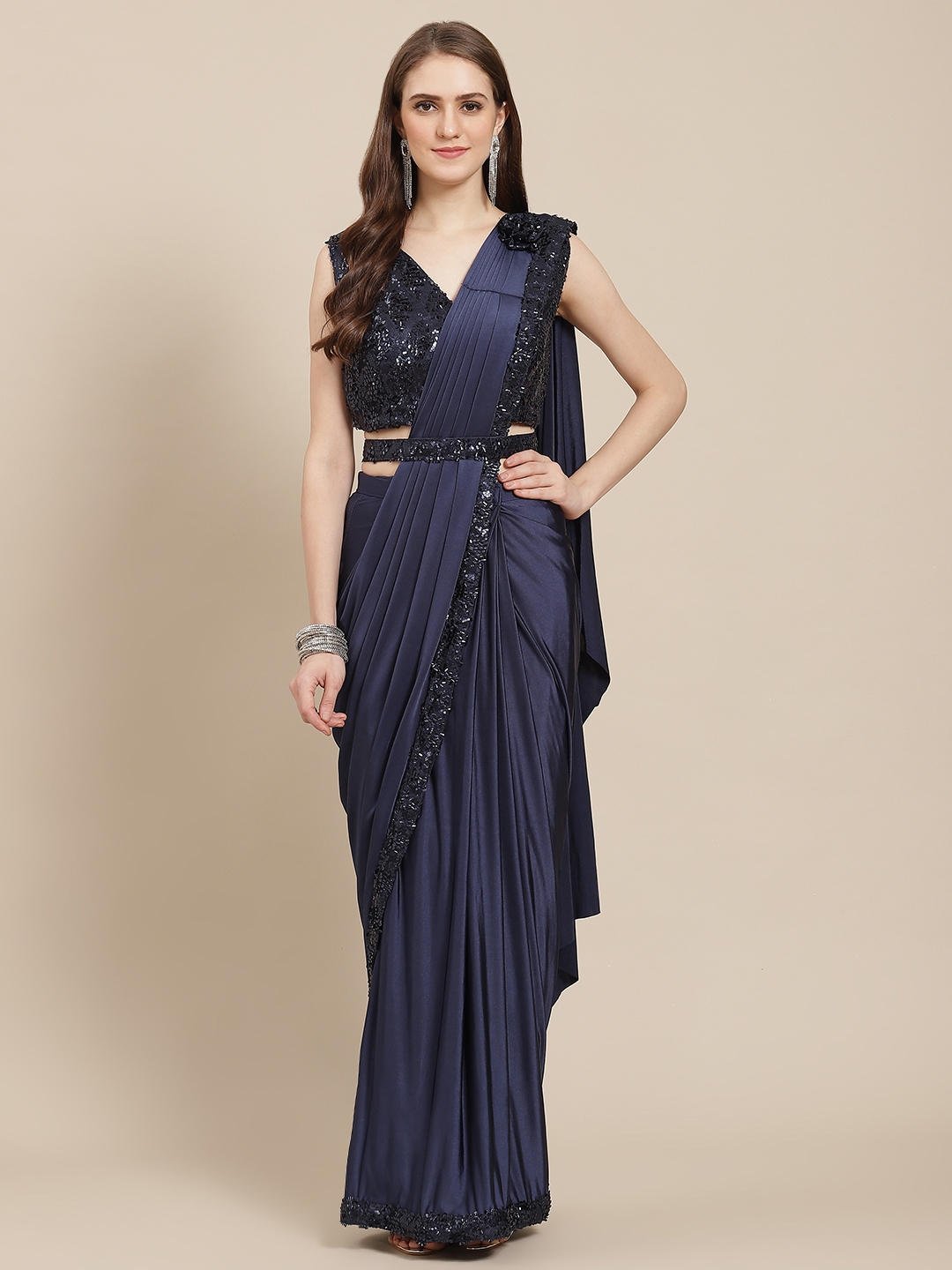 Buy Grancy Navy Blue Sequinned Ready To Wear Saree - Sarees for Women ...