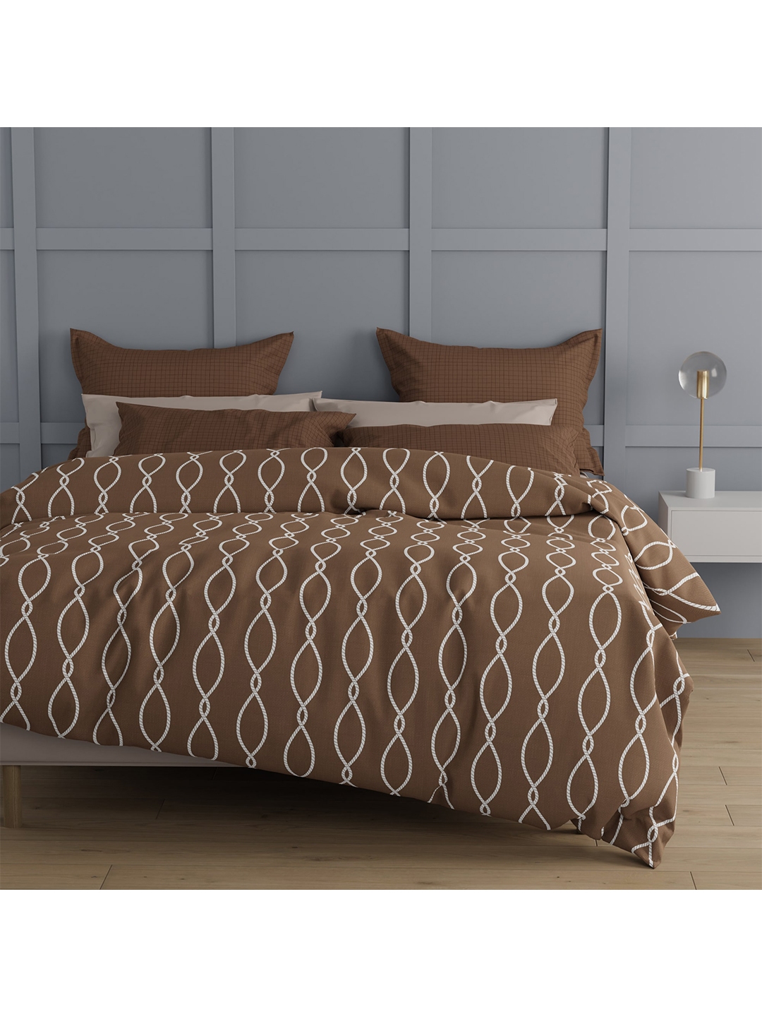 Buy Trident Brown & White Geometric 144 TC King Bedsheet With 2 Pillow