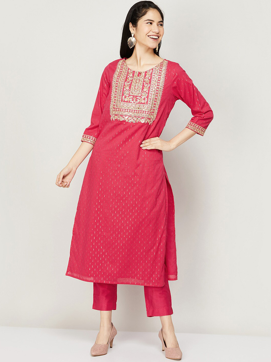 Women Beige Embroidered Straight Kurta Trousers With Dupatta Set