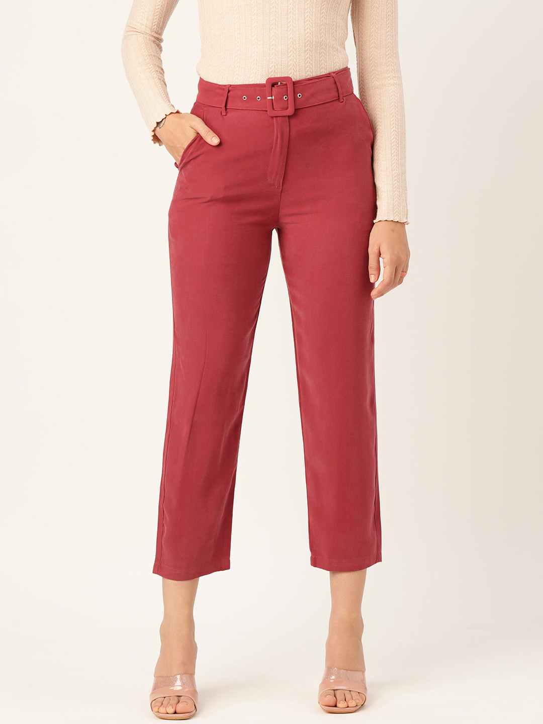 Buy AND Women Straight Fit Crop Trousers With Belt Trousers for Women