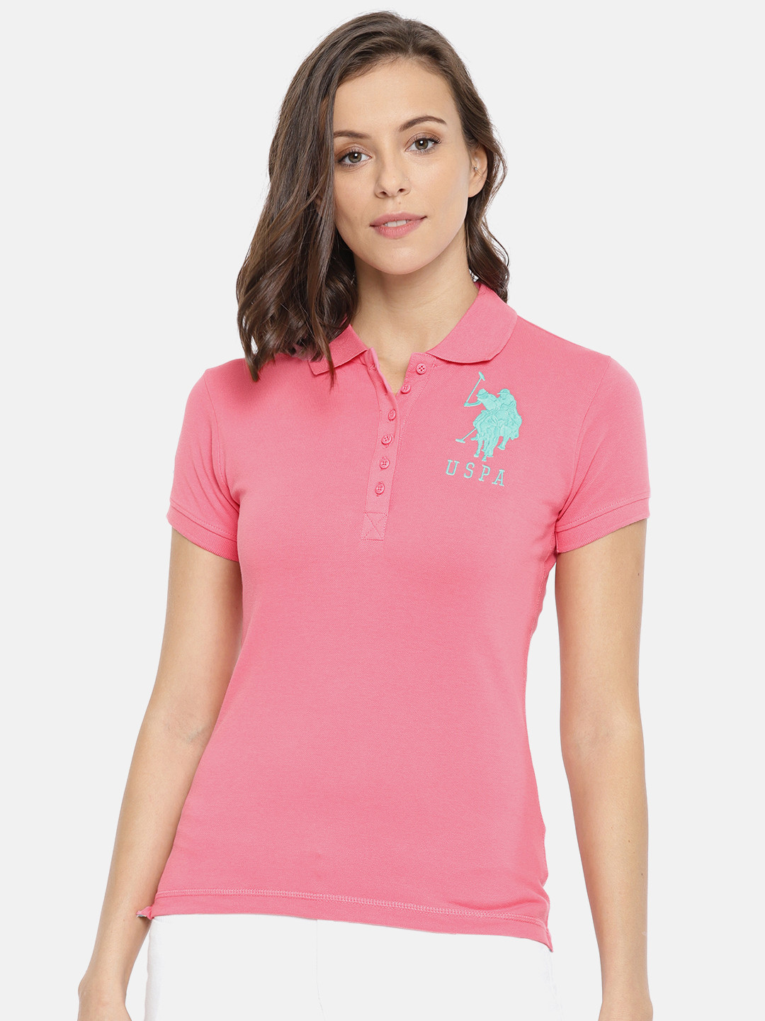 Buy U.S. Polo Assn. Women Women Pink Solid Polo Collar T Shirt