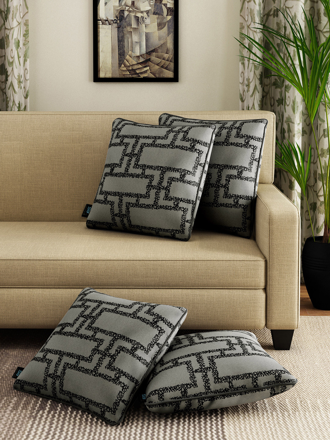 Buy S9home By Seasons Black & Grey Set Of 4 Patterned 16" X 16" Square