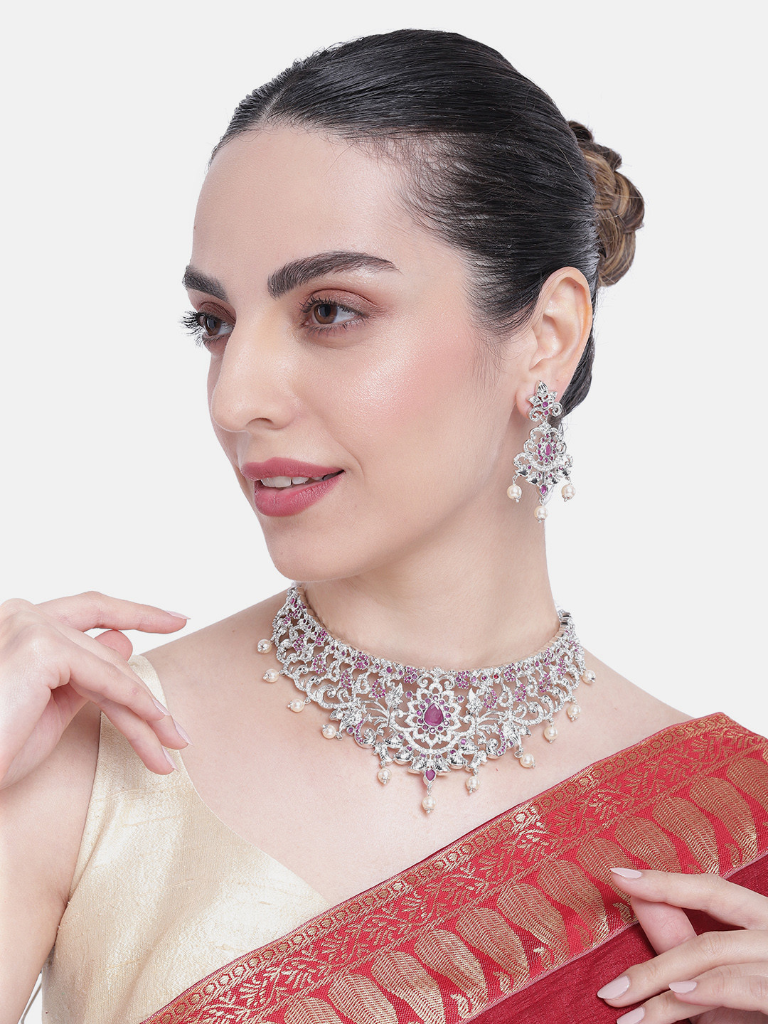 Buy Estele Rhodium Plated CZ Magnificent Choker Necklace Set With ...