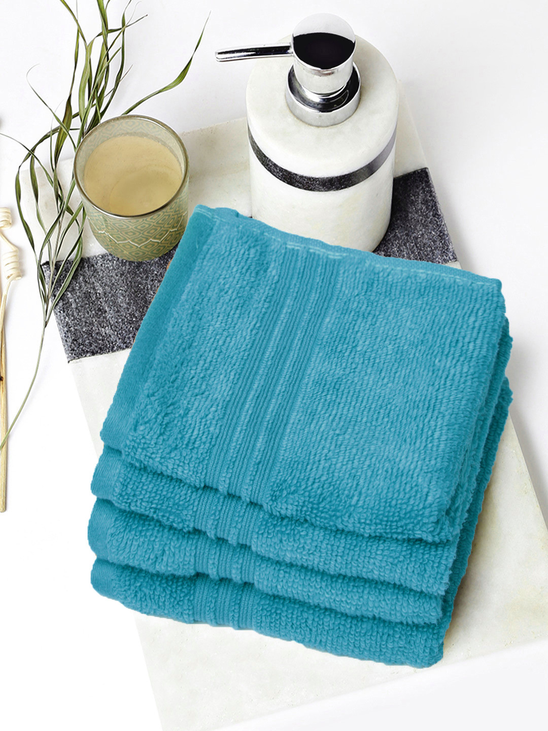 Buy SPACES Set Of 4 Blue Cotton 450 GSM Face Towels Face Towels for