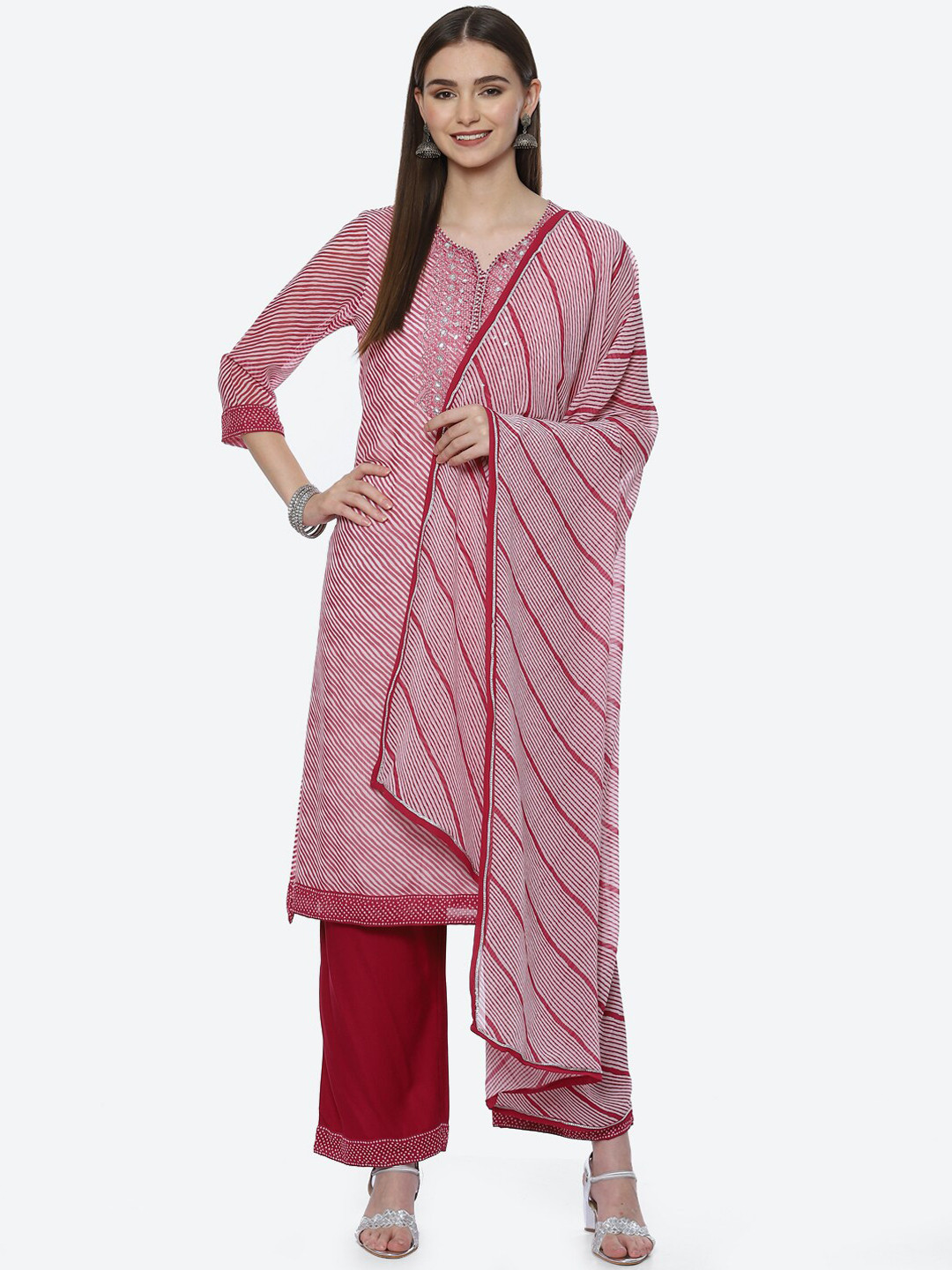 Buy Biba Women Pink Leheriya Striped Sequinned Kurta With Palazzos