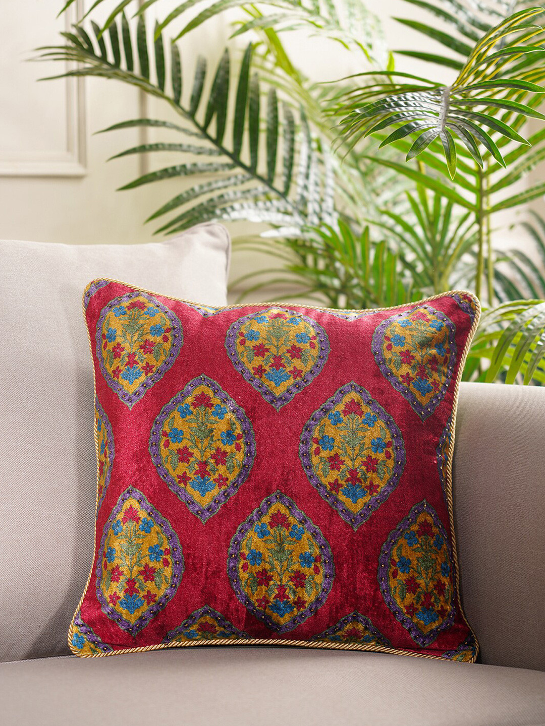 Buy Pure Home And Living Red & Blue Ethnic Motifs Velvet Square Cushion