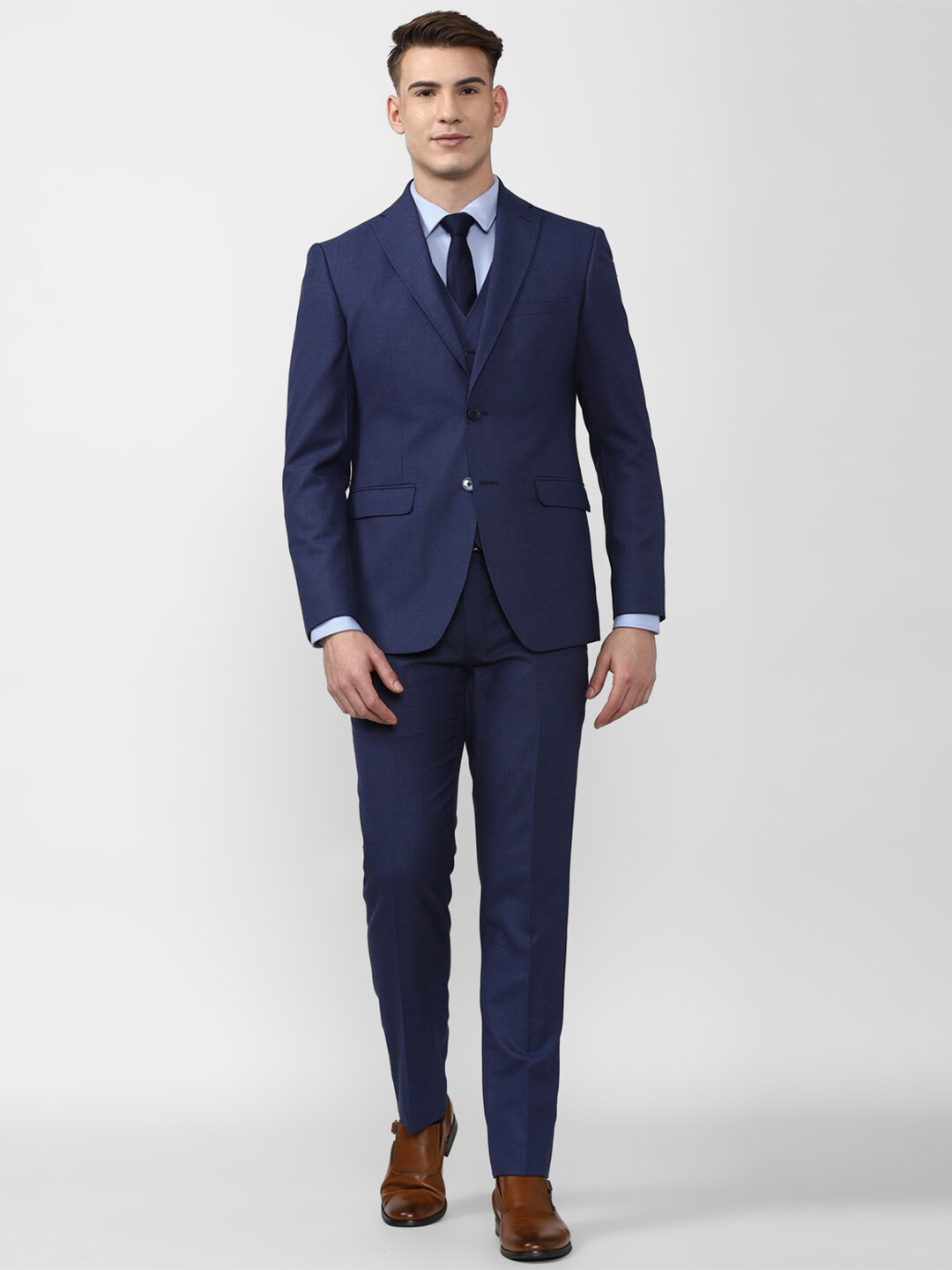 Buy Peter England Elite Men Navy Blue Textured Single Breasted Slim Fit ...