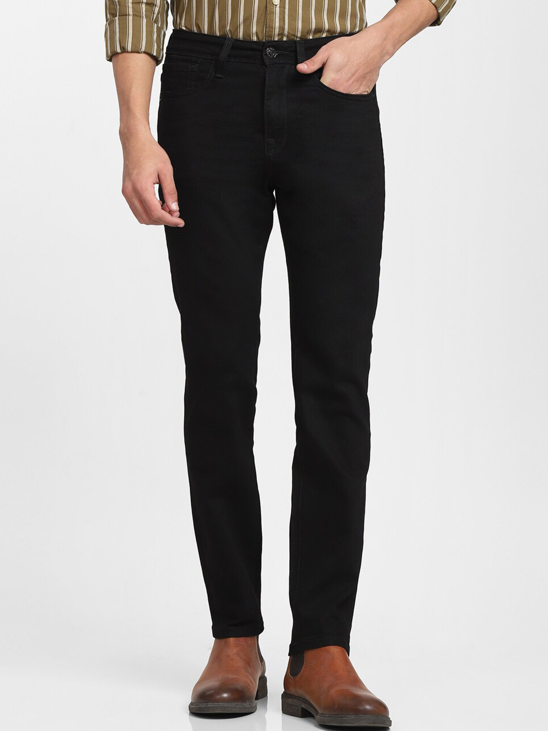 Men's Embroidered Print Denim Jeans Trendy Slim Straight Stretch Black Pants