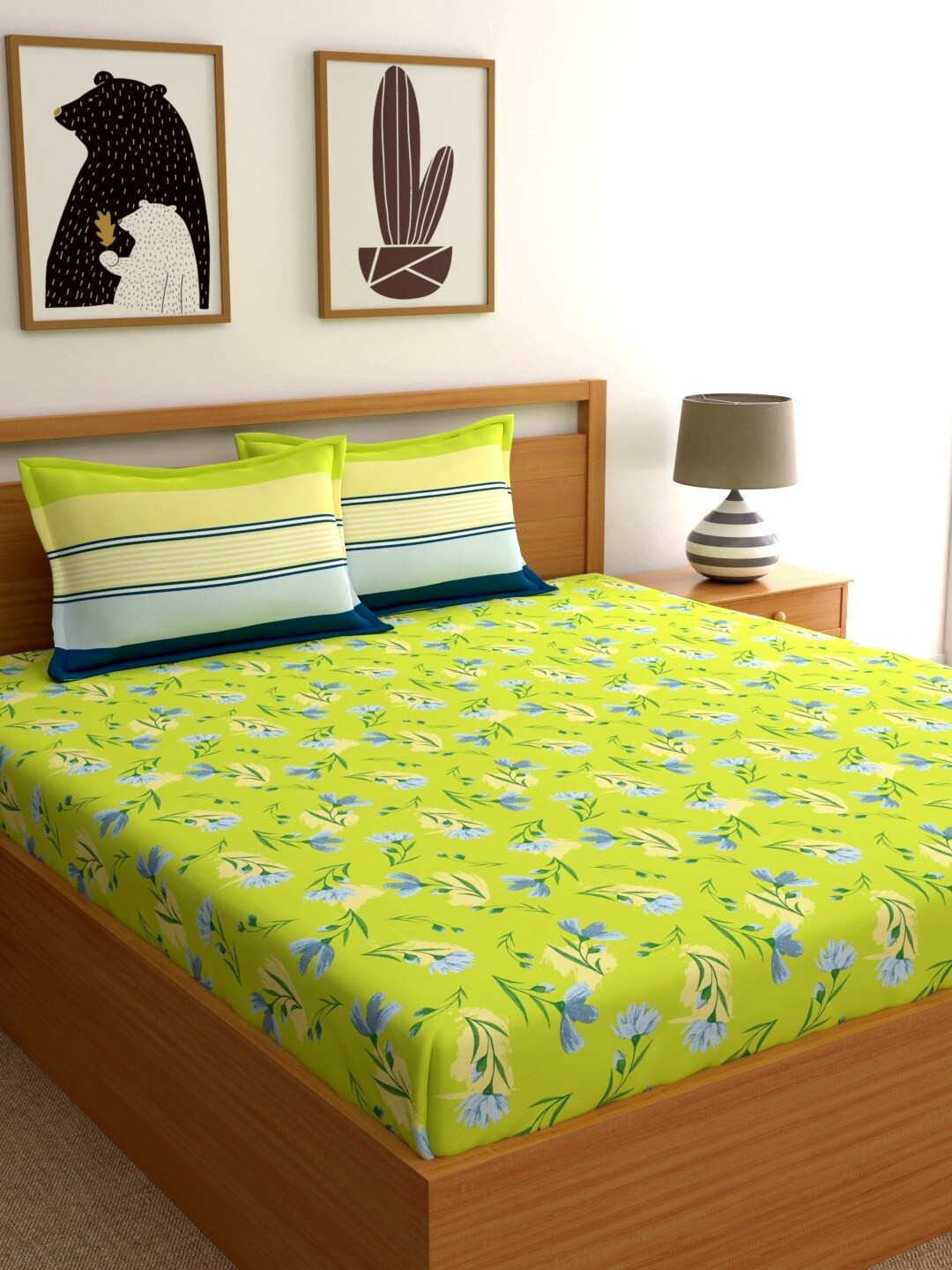 Buy Dreamscape Lime Green & Blue Floral 140 TC Cotton King Bedsheet