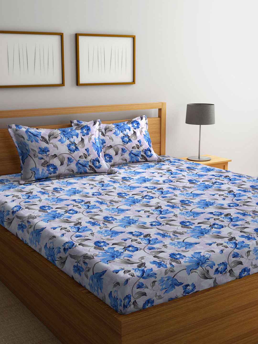 Buy BOMBAY DYEING Blue & White Floral 120 TC Queen Bedsheet With 2