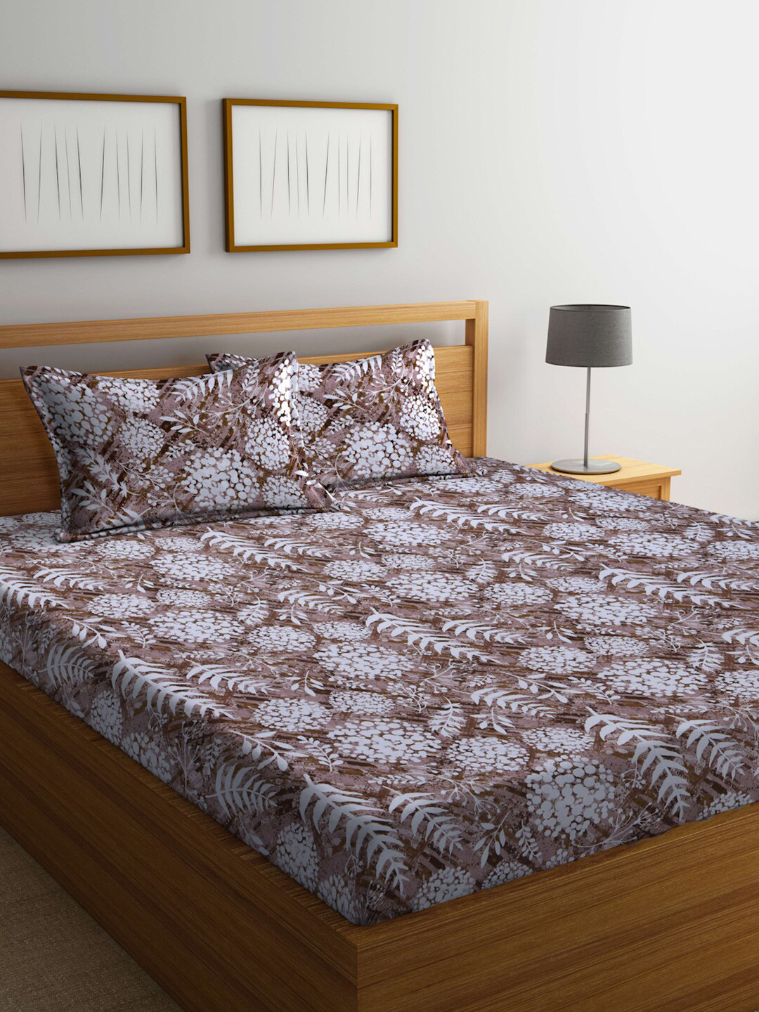 Buy BOMBAY DYEING Brown & White Floral 120 TC King Bedsheet With 2
