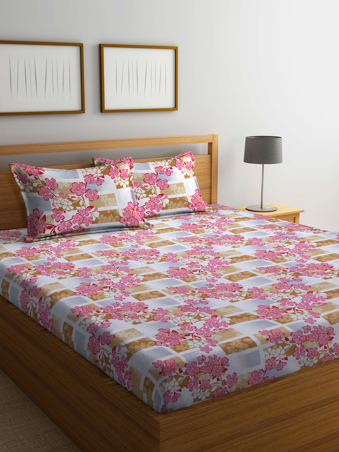 Buy BOMBAY DYEING White & Pink Floral 120 TC King Bedsheet With 2