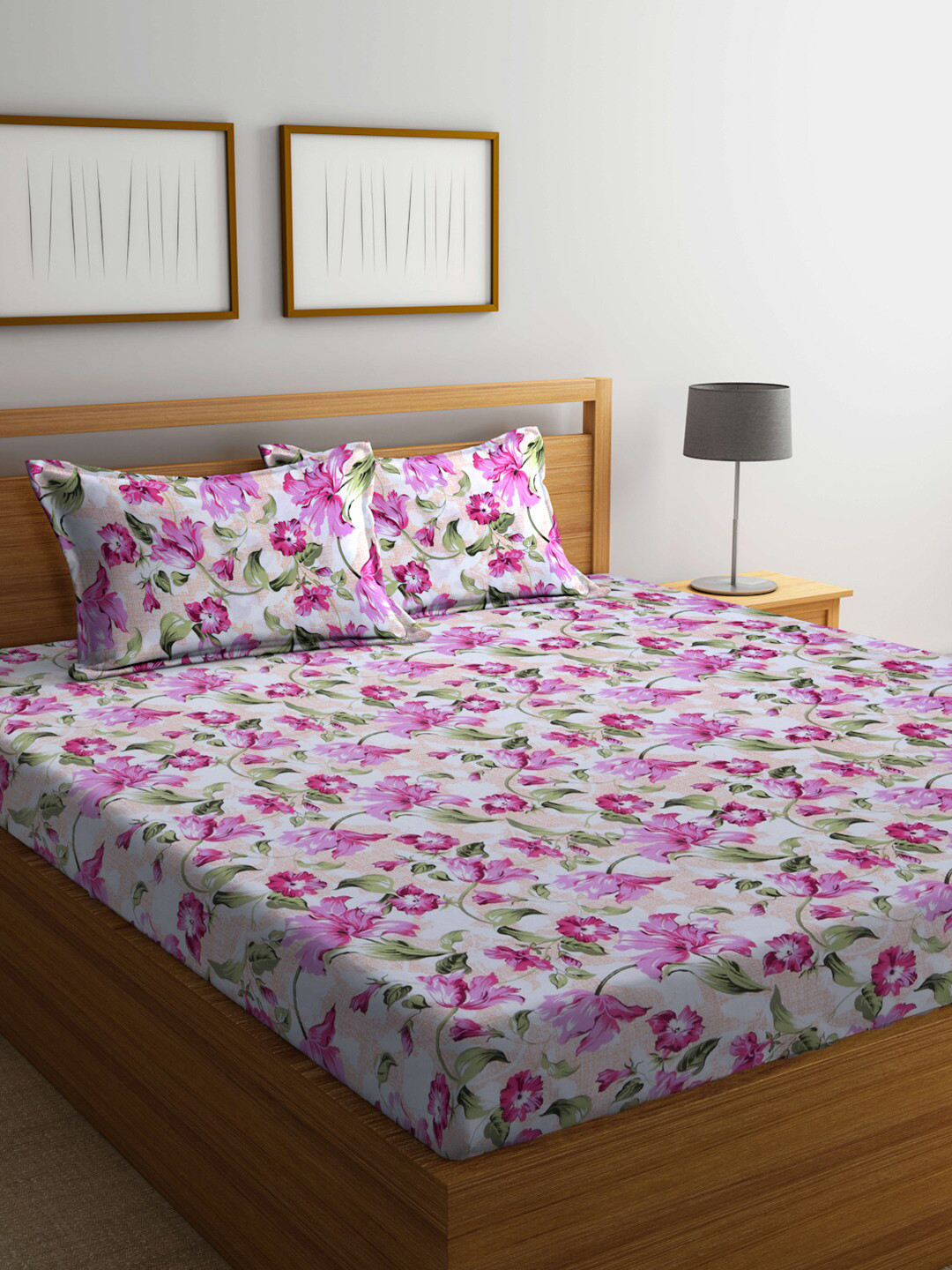 Buy BOMBAY DYEING White & Pink Floral 120 TC Queen Bedsheet With 2