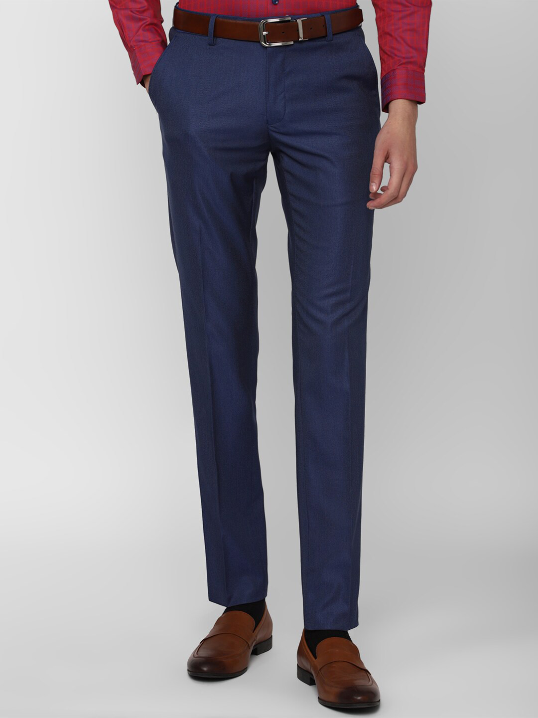 Buy Peter England Elite Men Blue Textured Slim Fit Trousers - Trousers ...