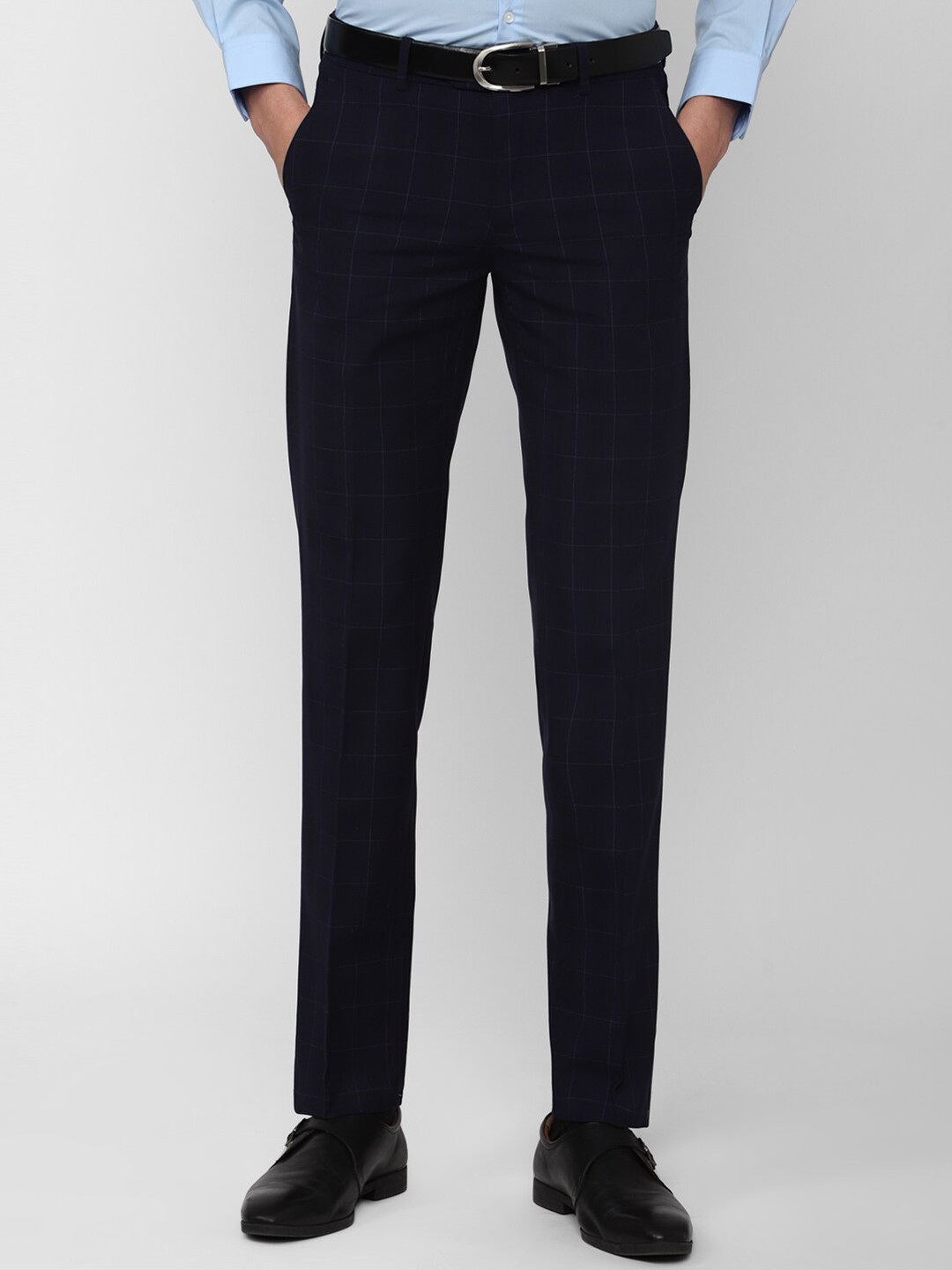 Buy Peter England Elite Men Navy Blue Checked Slim Fit Formal Trousers ...