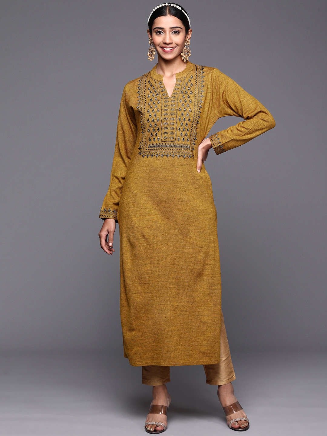 Buy Libas Women Mustard Yellow Ethnic Motifs Yoke Design Wool Straight