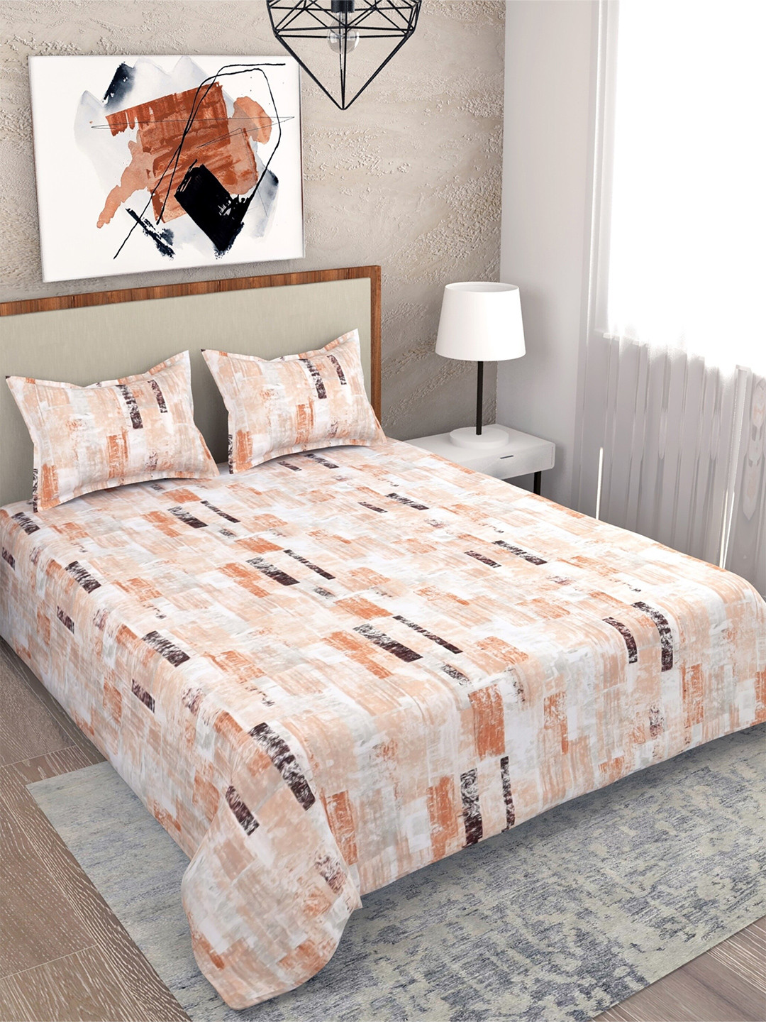 Buy Salona Bichona Peach And White 180 TC Cotton Queen Bedsheet With 2