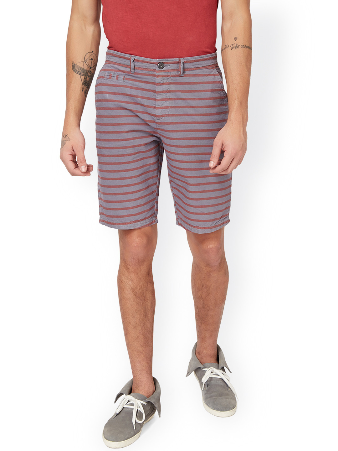 Buy Breakbounce Men Grey & Red Slim Fit Striped Chino Shorts Shorts