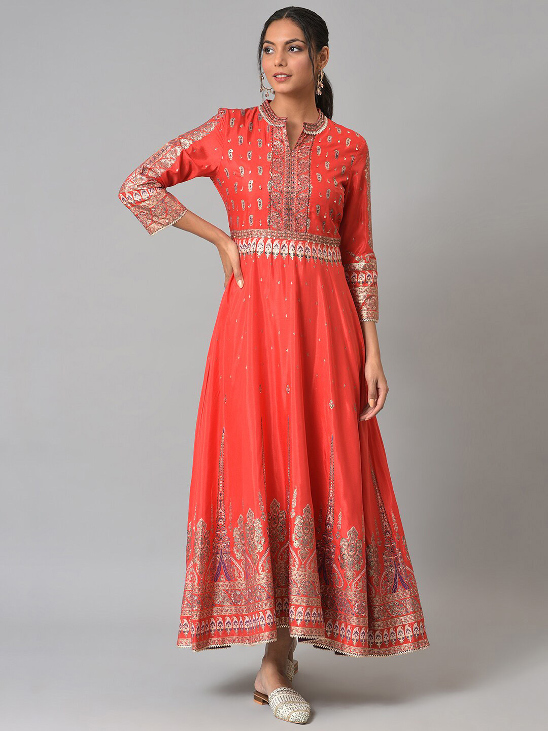 Women Red Ethnic Motifs Printed Mandarin Collar Viscose Rayon Maxi Dress