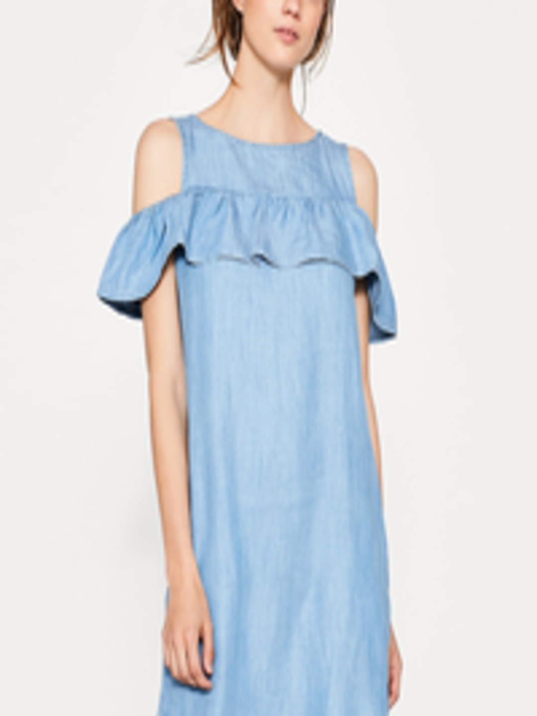 Buy ESPRIT Women Blue Solid Chambray Cold Shoulder A Line Dress ...