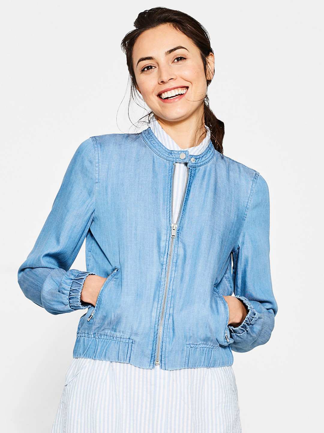 Buy ESPRIT Women Blue Denim Bomber Jacket Jackets for Women 2030048