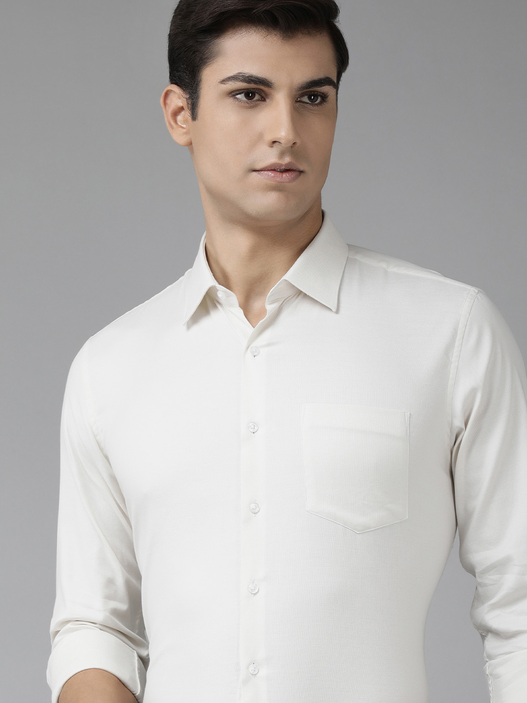 Buy Van Heusen Men Cream Coloured Textured Slim Fit Pure Cotton Formal