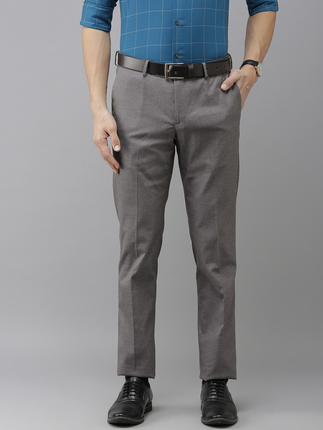 Buy Arrow Men Grey Solid Mid Rise Formal Trousers - Trousers for Men ...