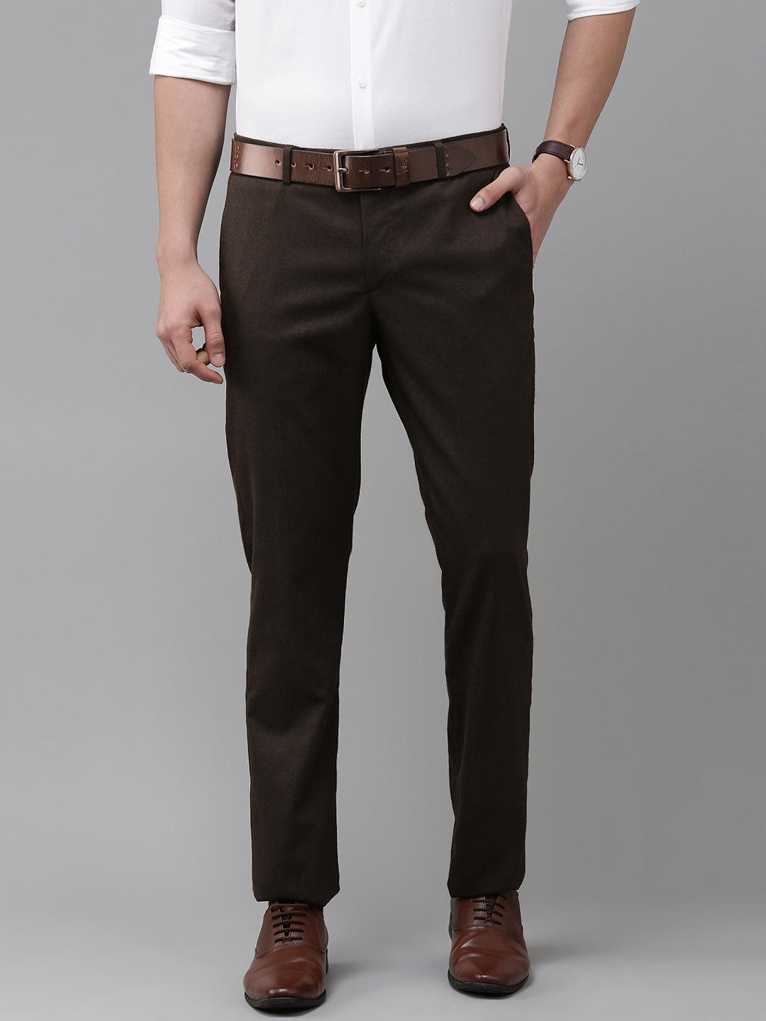 Buy Arrow Men Dark Brown Solid Smart Fit Mid Rise Plain Woven Flat ...