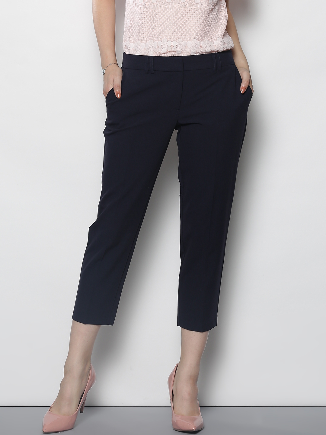 Buy DOROTHY PERKINS Women Navy Blue Solid Cropped Trousers - Trousers ...