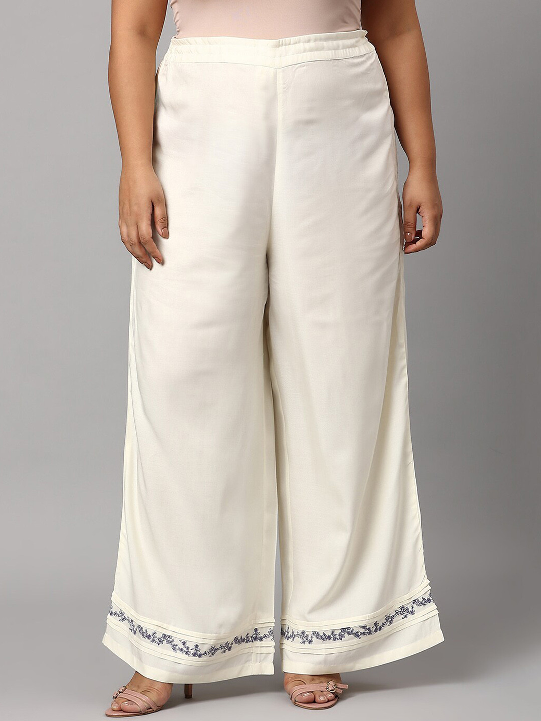 Elleven Women's Off White Solid Straight-fit Woven Palazzo with Slip-On Closure